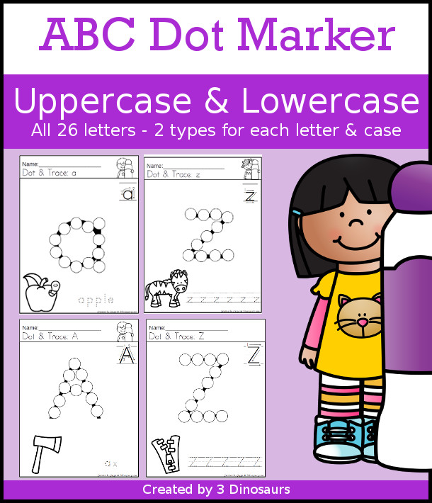 ABC Dot Marker Uppercase & Lowercase Selling set - 78 pages of printables with 2 options for each uppercase and lowercase letter  in black and white no-prep printable each page has a matching ABC picture - 3Dinosaurs.com