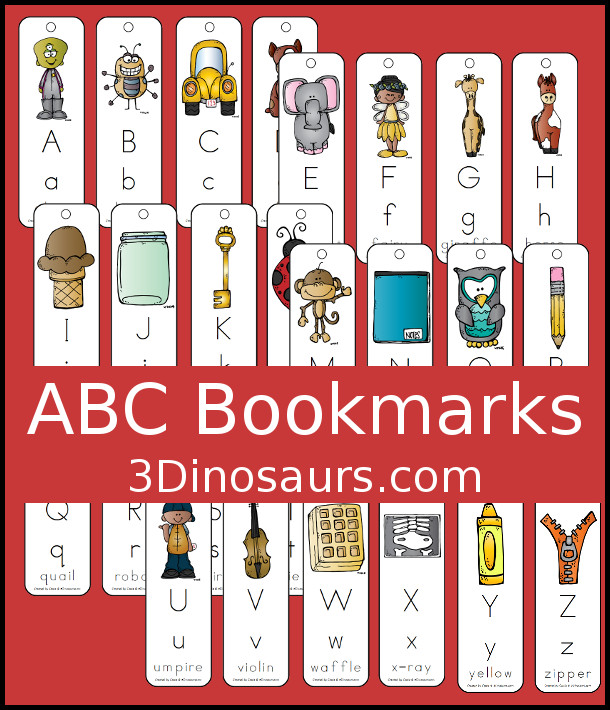 Free ABC Bookmarks - with 26 letter bookmarks with uppercase letters and lowercase letters with picture and word. 3Dinosaurs.com