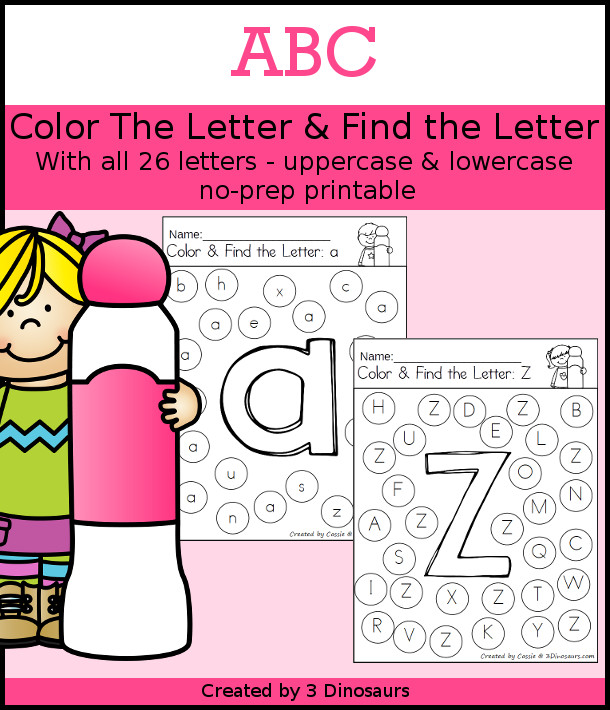 ABC Find the Letter & Color the Letter - 52 pages of printables with uppercase and lowercase options for color the letter in the center and find the letter around it - 3Dinosaurs.com