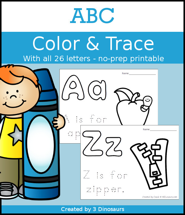 ABC Trace & Color - all 26 letters in fun no-prep page for them to work on one letter at a time - 3Dinosaurs.com