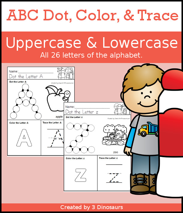 ABC Dot the Letter, Color the Letter & Trace the Letter - a fun letter worksheets with one letter on each page with a dot marker letter, a letter to color and a letter to trace, with a picture matching the beginning sound of the letter and the word for the picture - 3Dinosaurs.com