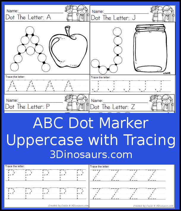Free ABC Dot Marker Uppercase with Tracing - all 26 upercase letters of the alphabet with dot maker letter, letter tracing and mathcing picture to color. - 3Dinosaurs.com #abc #abcletters #freeprintable
