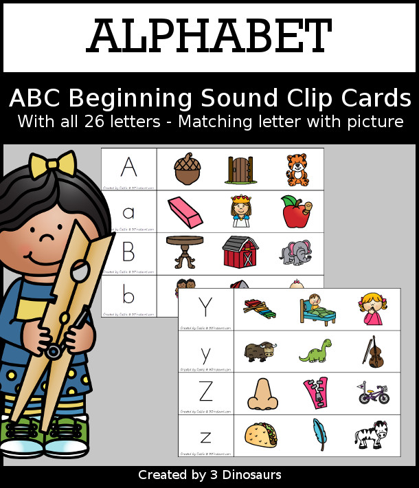 Alphabet Beginning Sound Clip Cards - with two clip cards for each letter with a letter and clipping the picture with the beginning sound - 3Dinosaurs.com