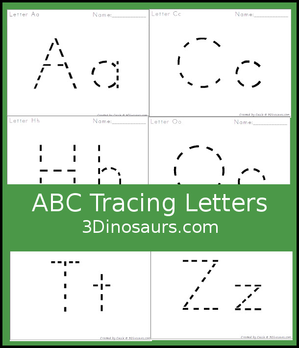 Free ABC Letter Tracing - all 26 letters of the alphabet with uppercase and lowercase letters together - 3Dinosaurs.com