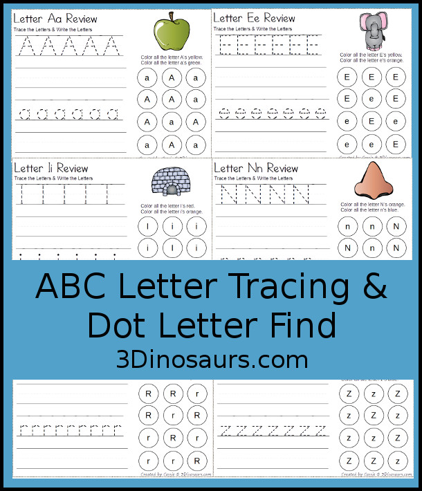 Free ABC Letter Tracing & Dot Letter Find Printable - with tracing and writing of uppercase and lowercase letter with letter find for uppercase and lowercase letters for the whole alphabet - 3Dinosaurs.com