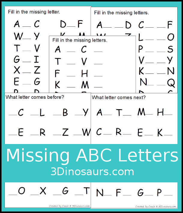 Free Missing ABC Letters printables - 5 pages of printables - 3Dinosaurs.com