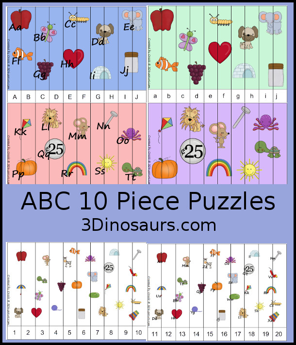 Free ABC 10 Piece Puzzles Printables - 10 piece puzzle with alphabetical order for the puzzles with uppercase letters, and lowercase letter, and numbers 1 to 10 and 11 to 20 - 3Dinosaurs.com