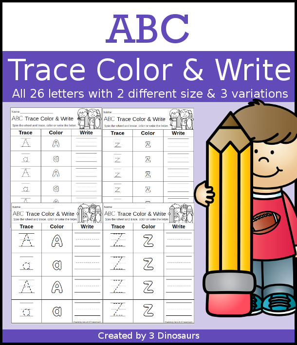 ABC Trace Color & Write - 3 varitions and font sizes for kids to work on their letters- 3Dinosaurs.com