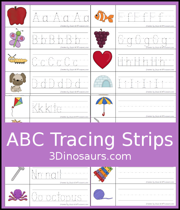 Free ABC Writing Strips Printables - 3 different tracing and writing strips - 3Dinosaurs.com