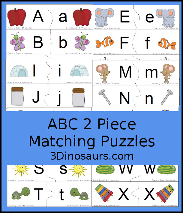 Free ABC Puzzles 2 Piece Printables- You have 26 puzzles to use with kids with all the letters from the alphabet. A great printable for kids in prek and kindergarten. 3Dinosaurs.com