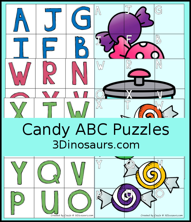 Free Candy Themed ABC Puzzles - fun letter matching puzzles for kids to match and build candy themed puzzles with letters. You will find three puzzles. - 3Dinosaurs.com