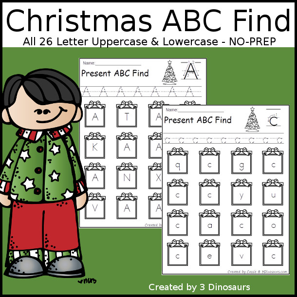 Christmas ABC Find  with all 26 letters of the alphabet with uppercase only and lowercase only tracing and finding of the letters - 3Dinosaurs.com