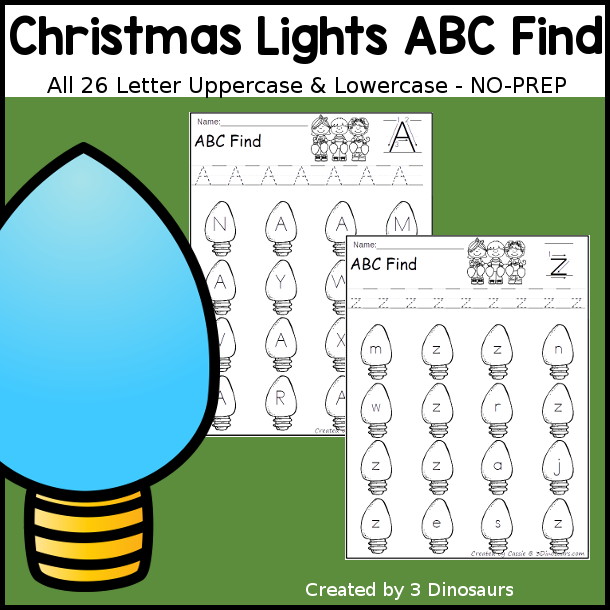 Christmas Lights ABC Letter Find Printable has all 26 letters of the alphabet in uppercase and lowercase letter find with tracing and then finding the letters on the lights. - 3Dinosaurs.com