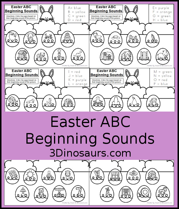 Free Easter Beginning Sound Coloring Printable - with four letter on each page work on coloring the beginning sound of each of the pages - 3Dinosaurs.com