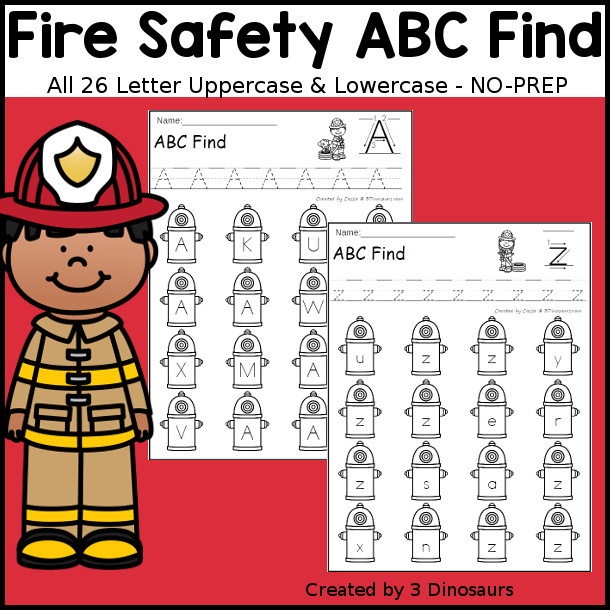 Fire Safety ABC Find Printable -all 26 letters of the alphabet with uppercase only and lowercase only letter options. You have tracing the letter and then finding the letter. - 3Dinosaurs.com
