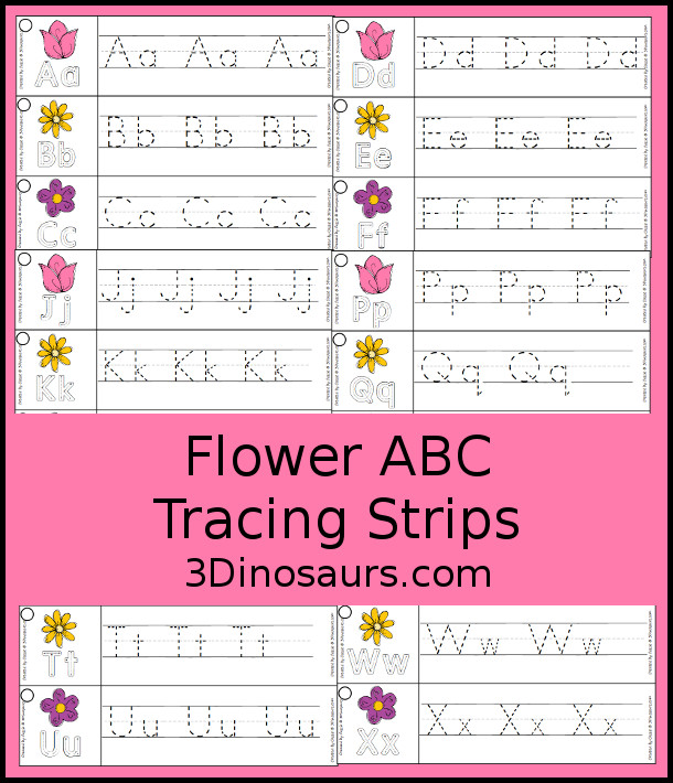 Free Flower Theme ABC Tracing Strips - with uppercase and lowercase together. You have flowers plus you can see an example of how to trace the letters - 3Dinosaurs.com