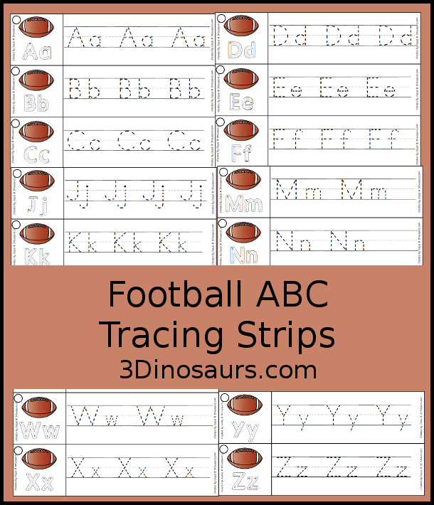 Free Football ABC Tracing Strips - with uppercase and lowercase together. You have fun kids with a Football- plus you can see an example of how to trace the letters - 3Dinosaurs.com