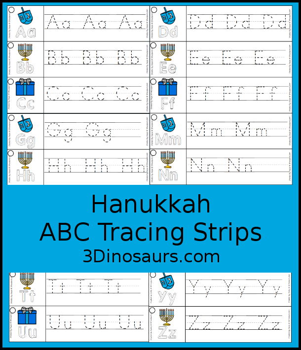 Free Hanukkah ABC Tracing Strip Printables - with uppercase and lowercase together. You have fun kids with Hanukkah items plus you can see an example of how to trace the letters - 3Dinosaurs.com