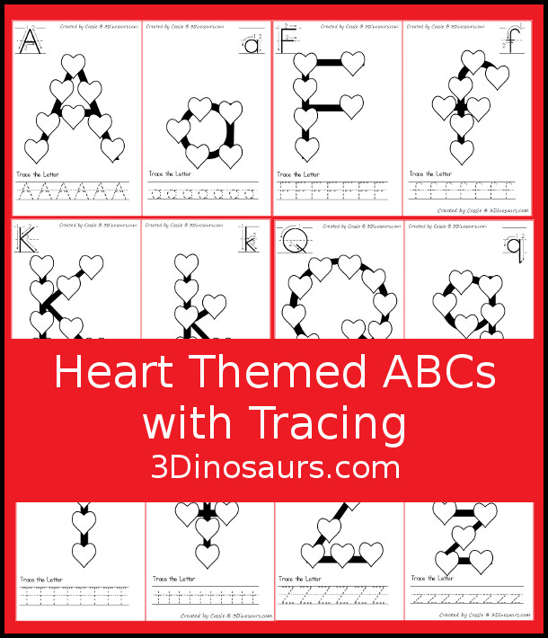 Free Heart ABC Letters with Tracing - it has all 26 letters of the alphabet with tracing included -  3Dinosaurs.com