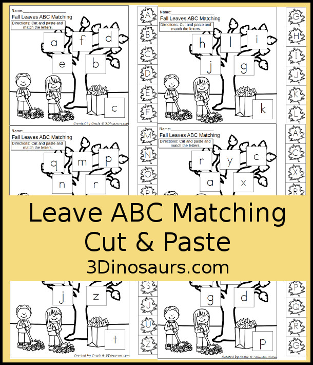 Free Fall Leaves ABC Cut & Paste -All 26 letters in a mix of letters in order and a mix of letters - 10 pages of printables - 3Dinosaurs.com #3dinosaurs #nopreprintable #freeprintable #ABCs #prek #kindergarten