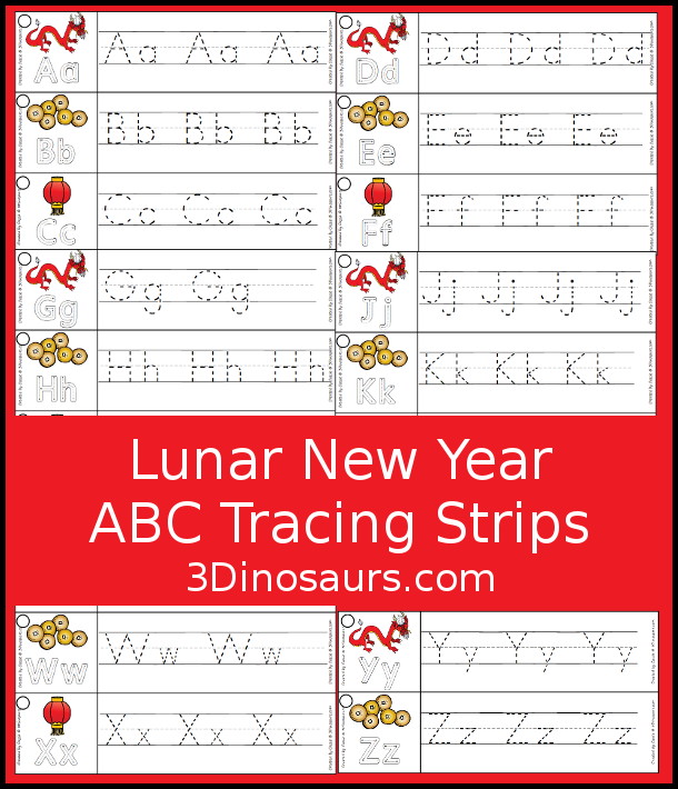 Free Lunar New Year ABC Tracing Strips - with uppercase and lowercase together. You have fun kids with a Lunar New Year Themes plus you can see an example of how to trace the letters - 3Dinosaurs.com