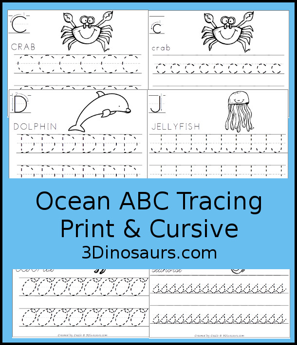 Free Ocean Animals ABC Tracing Print & Cursive - uppercase or lowercase only letters with 6 letters for kids to work on - 3Dinosaurs.com