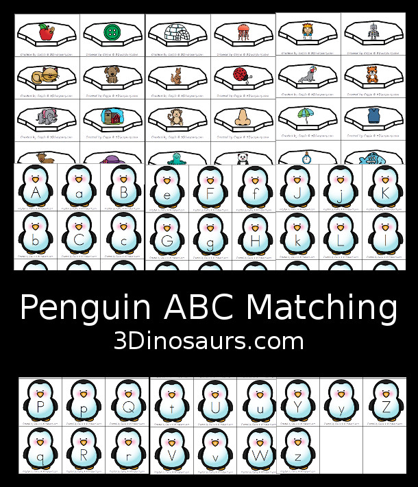Free Penguin ABC Matching - with matching beginning sound and letters in uppercase and lowercase for kids in PreK and kindergaten - 3Dinosaurs.com