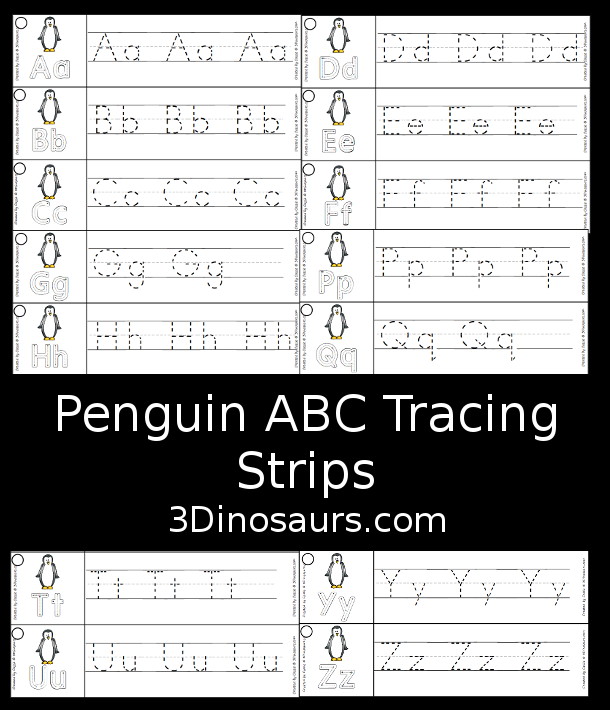 Free Penguin ABC Tracing Strips - with uppercase and lowercase together. You have fun kids with a penguin plus you can see an example of how to trace the letters - 3Dinosaurs.com