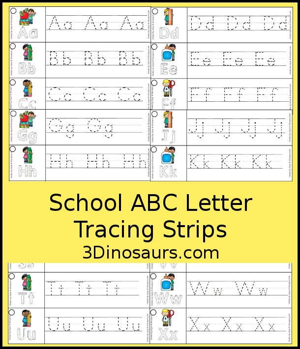 Free School Themed ABC Tracing Strips - with uppercase and lowercase together - 3Dinosaurs.com