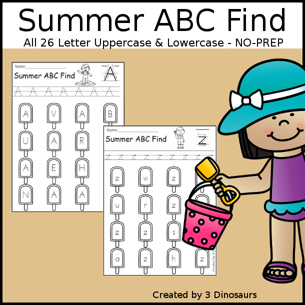 Easy No-Prep Summer ABC Find - easy no-prep printables with a fun summer theme 52 pages with uppercase and lowercase $ - 3Dinosaurs.com