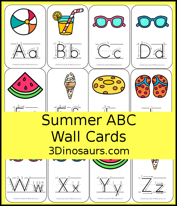 Free Summer ABC Wall Cards - all 26 letters of the alphabet with fun summer pictures and themes. Plus examples of how to trace each of the letters - 3Dinosaurs.com