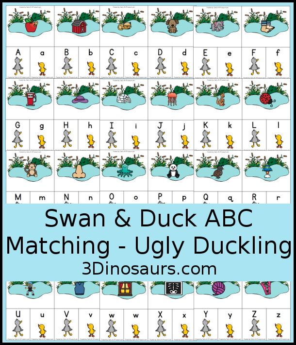 Free Swan & Duck ABC Matching Printable - Matching Uppercase letters and lowercase letters with a picture that begins with that letter sound. A great printable for the Ugly Duckling story.  3Dinosaurs.com