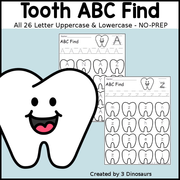 Tooth ABC Letter Find - All 26 Letters of the Alphabet with 52 pages of printables with letter finds for uppercase letters only and lowercase letters only. You can trace the letters and find the letters on the tooth. 3Dinosaurs.com
