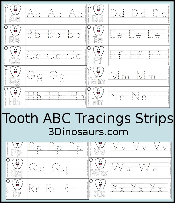 Free Tooth ABC Tracing Strips - with uppercase and lowercase together. You have fun kids with a tooth plus you can see an example of how to trace the letters - 3Dinosaurs.com