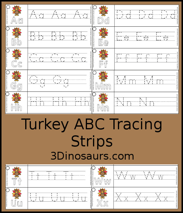 Free Turkey Theme ABC Tracing Strips - - with uppercase and lowercase together. You have fun kids with a turkey plus you can see an example of how to trace the letters - 3Dinosaurs.com