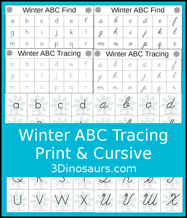 Easy to Use Winter Themed ABC Tracing with print and cursive options - 3Dinosaurs.com