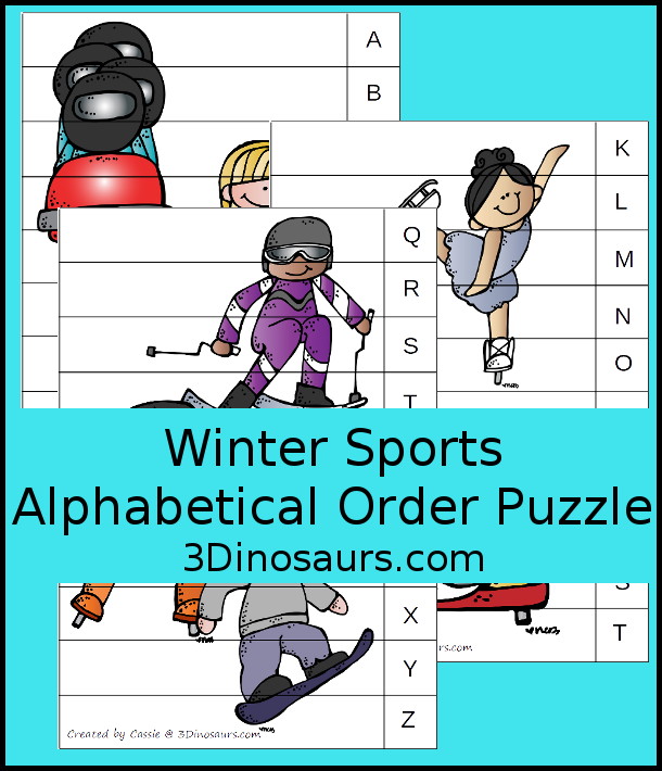 Free Winter Sports Alphabetical Order Puzzle Printable - you have 3 puzzles that work on put the letters in alphabetical order and a fun winter sports theme to use with the puzzles. - 3Dinosaurs.com
