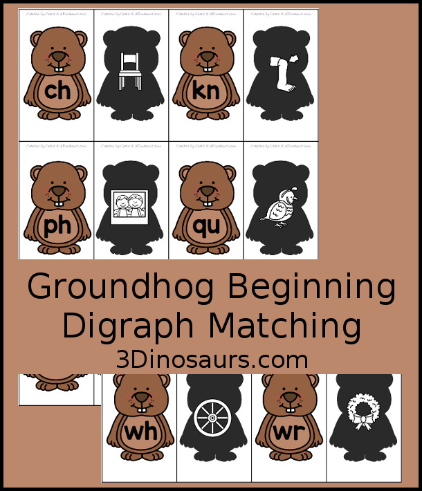 Free Groundhog Beginning Digraph Matching Printable - a fun printable with matching beginning digraphs with a picture that has the same beginning digraph. The picture is on the shadow of the groundhog and the letters are on the groundhog for the digraph.  3Dinosaurs.com