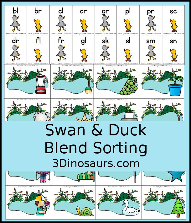 Free Swan & Duck Blends Sorting Printable - with all the beginning blends for kids to match the blend letters to a picture of the blend with ducks and swans. A fun ugly duckling printable for kids.  3Dinosaurs.com