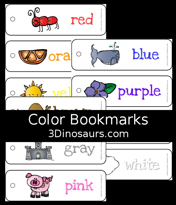 Free Color Bookmarks - 11 color bookmarks with picture and color word for kids to learn color words. Great on the go and fun for kindergarten and prek age kids.  3Dinosaurs.com