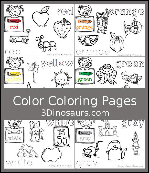 Free Color Coloring Pages - 11 color words with pictures to color and words to trace and color- 3Dinosaurs.com