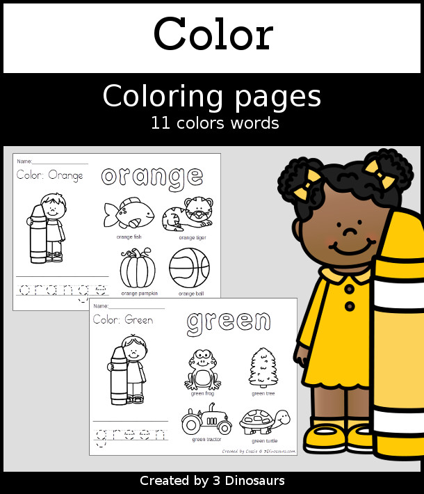 Color Coloring Pages Selling Set - 11 pages with tracing and coloring the word and 4 pictures to color - 3Dinosaurs.com
