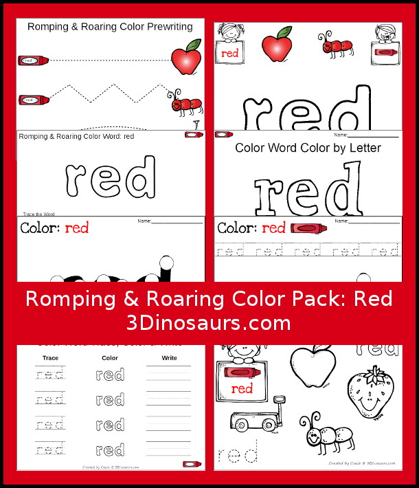 Free Romping & Roaring Color Red Word Pack - 8 pages of activities - 3Dinosaurs.com