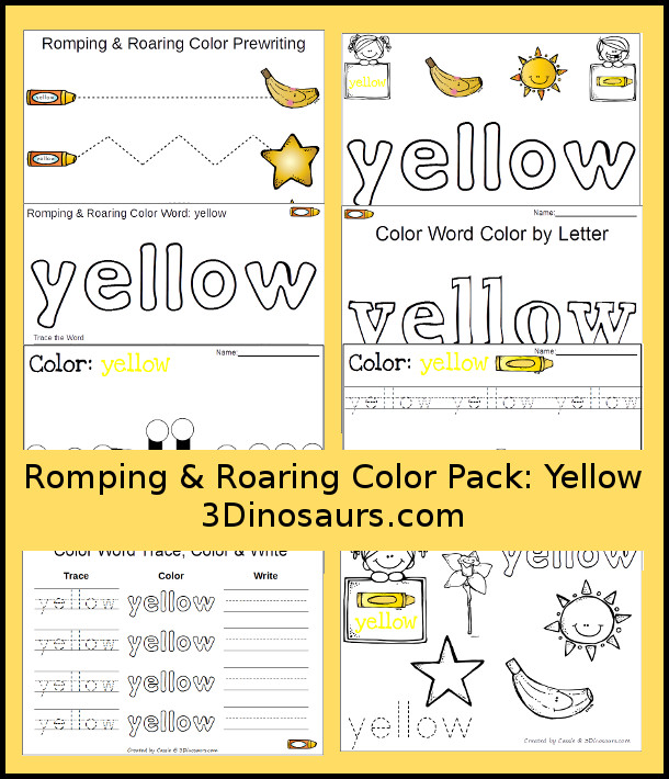 Free Romping & Roaring Color Yellow Word Pack - 8 pages of activities with playdough mats, coloring, and more all working on the color yellow. - 3Dinosaurs.com