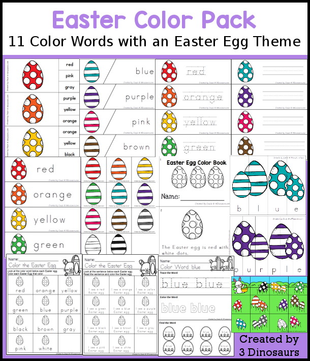 Easter Egg Color Pack - with 65 pages of printables with color easy reader book, color clip cards, color tracing strips, color writing strips, color pocket chart cards, color word writing, color word puzzles, and more all to work on learning color words. This is a great Easter Egg theme - 3Dinosaurs.com
