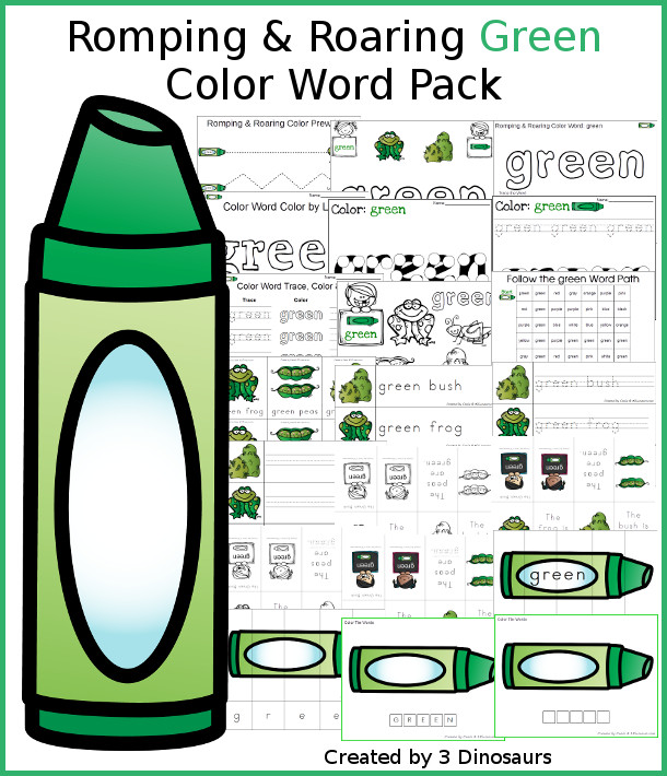 Romping & Roaring Color Green Word Pack - 22 pages of activities with puzzles, spelling words, dot marker words, playdough mats, pocket chart cards, small color words and more - 3Dinosaurs.com