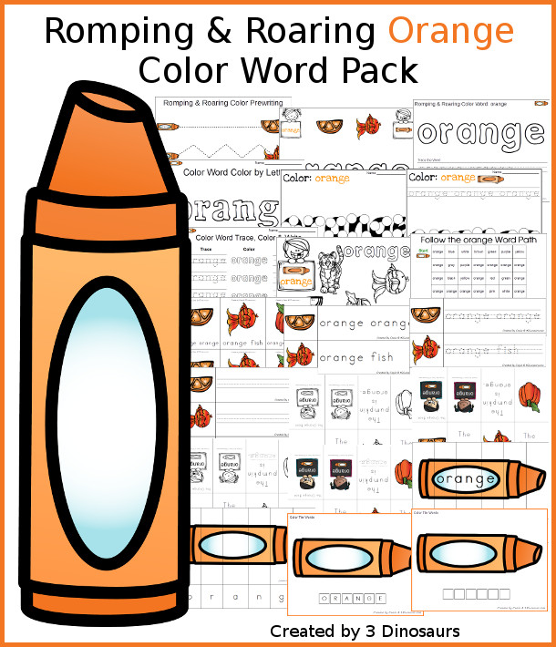 Romping & Roaring Color Orange Word Pack - 22 pages of activities with puzzles, spelling words, dot marker words, playdough mats, pocket chart cards, small color words and more - 3Dinosaurs.com
