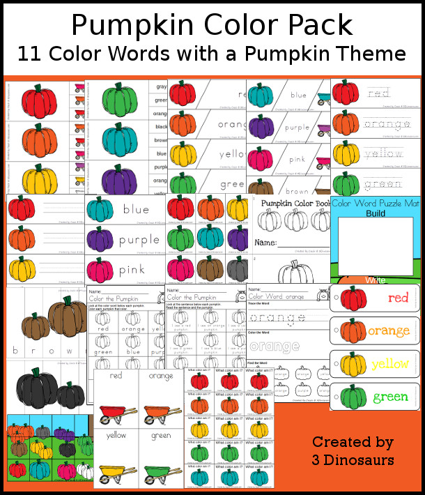 Pumpkin Color Pack - with 65 pages of printables with color easy reader book, color clip cards, color tracing strips, color writing strips, color pocket chart cards, color word writing, color word puzzles, and more all to work on learning color words. This is a great pumpkin and fall theme - 3Dinosaurs.com
