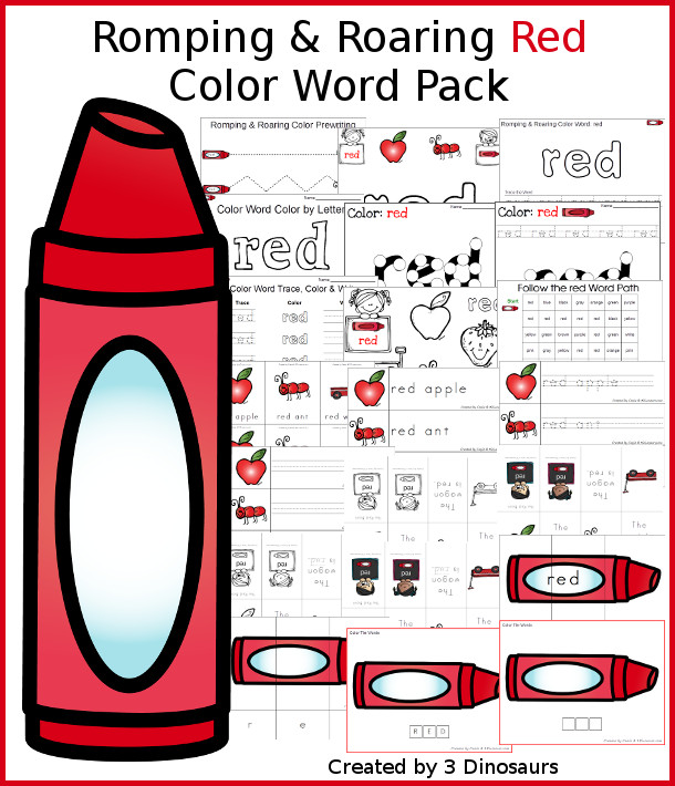 Romping & Roaring Color Red Word Pack - 22 pages of activities with puzzles, spelling words, dot marker words, playdough mats, pocket chart cards, small color words and more - 3Dinosaurs.com
