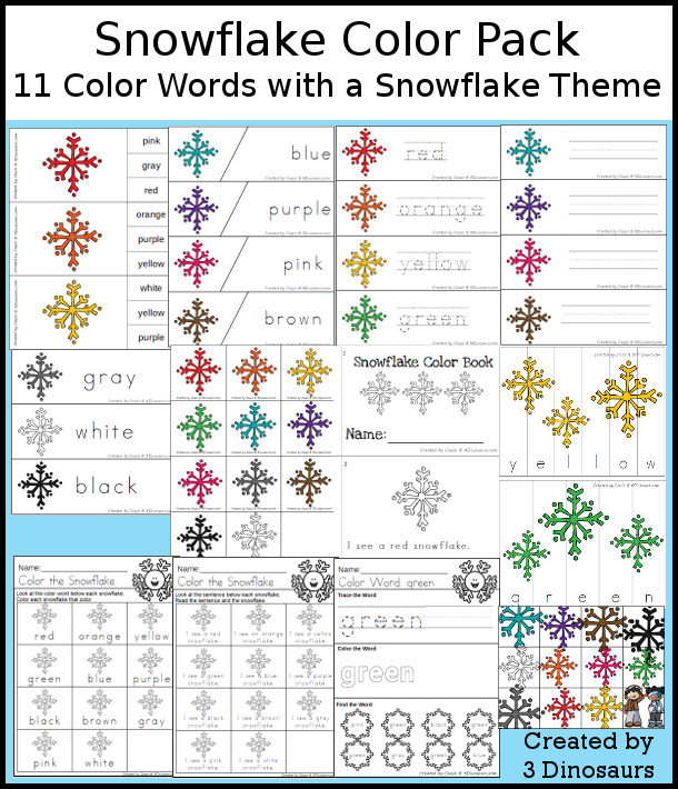 Snowflake Color Pack - with 65 pages of printables with color easy reader book, color clip cards, color tracing strips, color writing strips, color pocket chart cards, color word writing, color word puzzles, and more all to work on learning color words. This is a great Snowflake theme - 3Dinosaurs.com